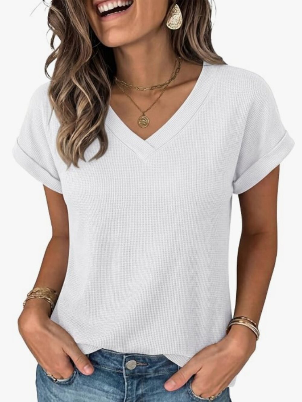 Women's White V-Neck Casual Tee Large Rolled Sleeve Basic Top